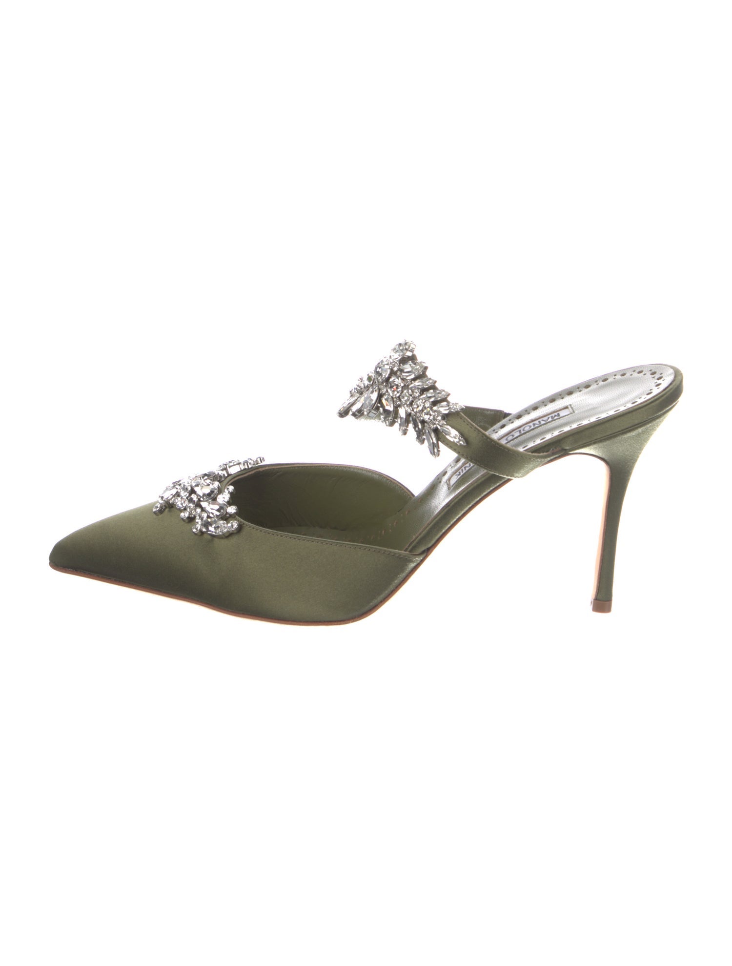 Manolo Blahnik Satin Crystal Embellishments Mules