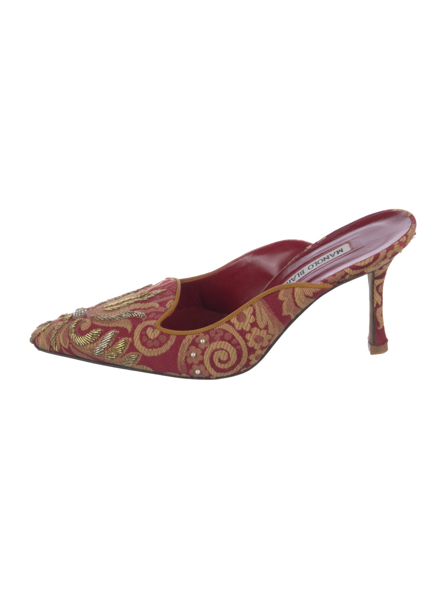 Manolo Blahnik Faux Pearl Accents Floral Print Mules