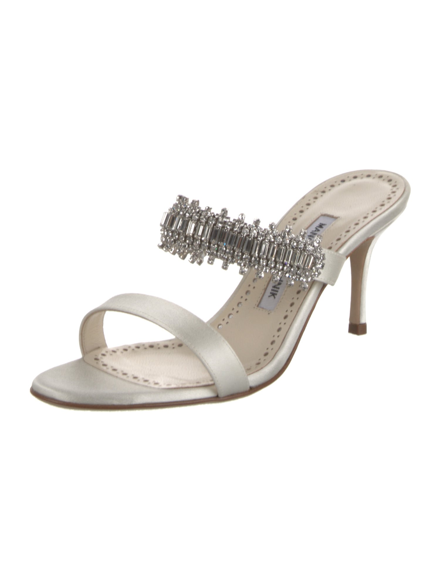 Manolo Blahnik Satin Crystal Embellishments Slides