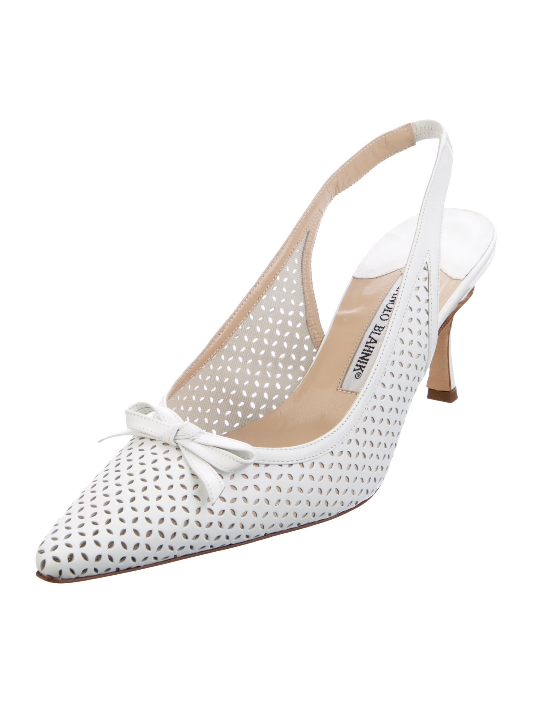 Manolo Blahnik Leather Lasercut Accents Slingback Pumps - White