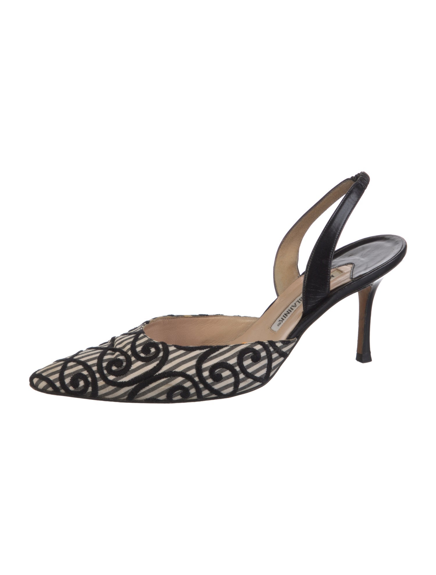 Manolo Blahnik Striped Embroidered Accent Slingback Pumps