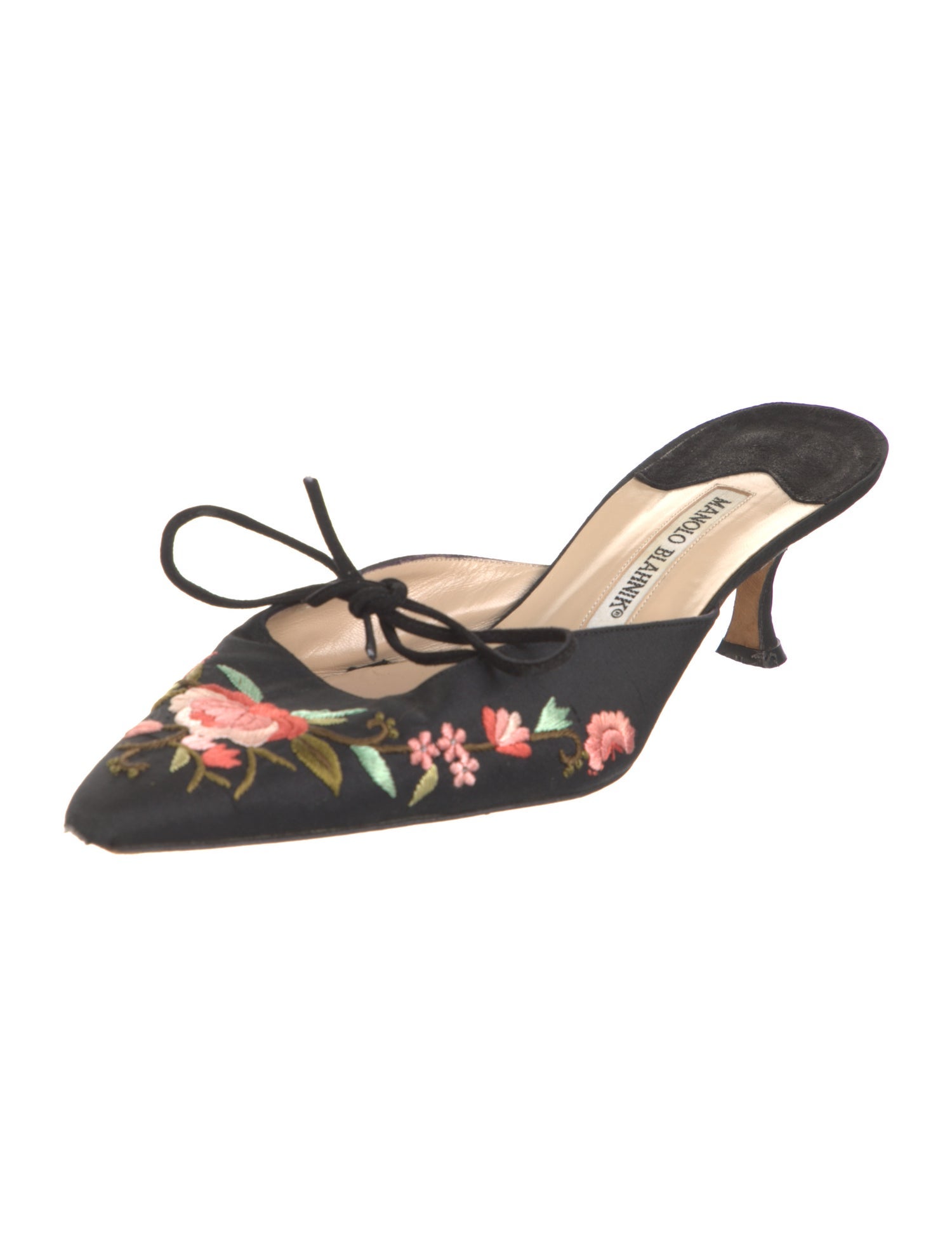 Manolo Blahnik Satin Floral Print Mules