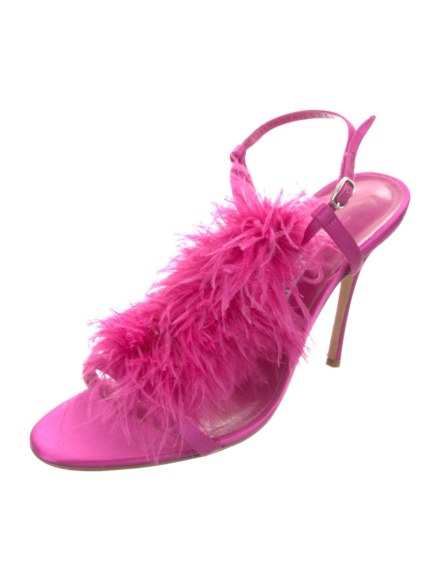 Manolo Blahnik Satin Feather Trim Slingback Sandals