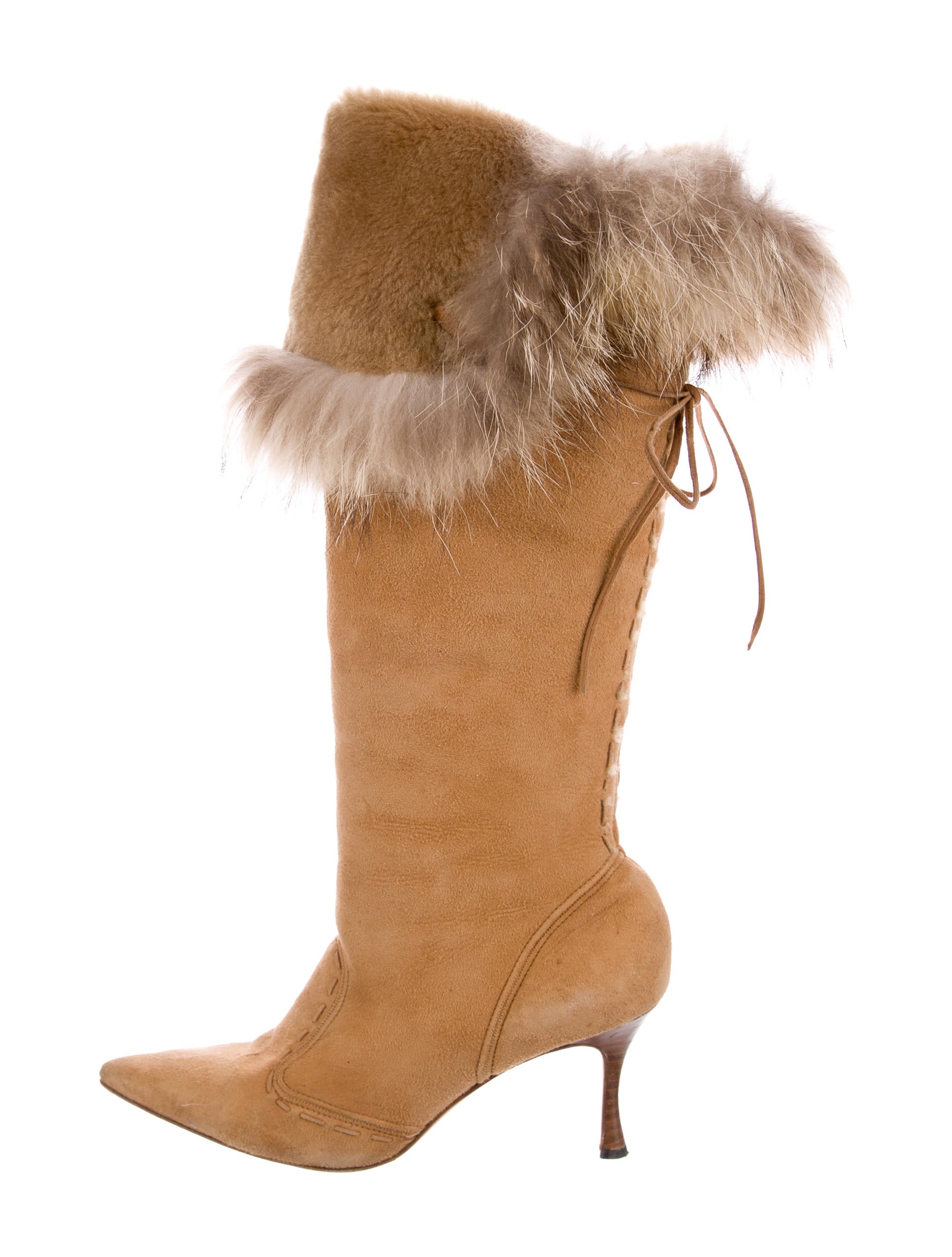 Manolo Blahnik Fur-Trimmed Knee-High Boots