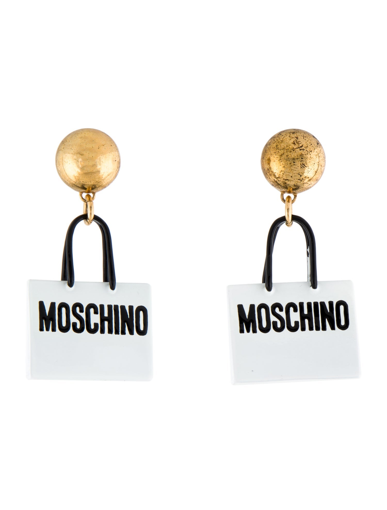 Moschino Enamel Logo Shopping Bag Drop Clip On Earrings