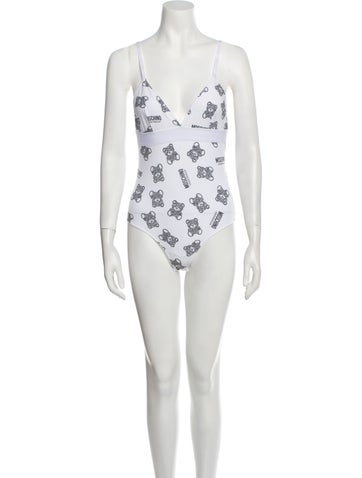 Moschino Tops Graphic Print Plunge Neckline Bodysuit XXS