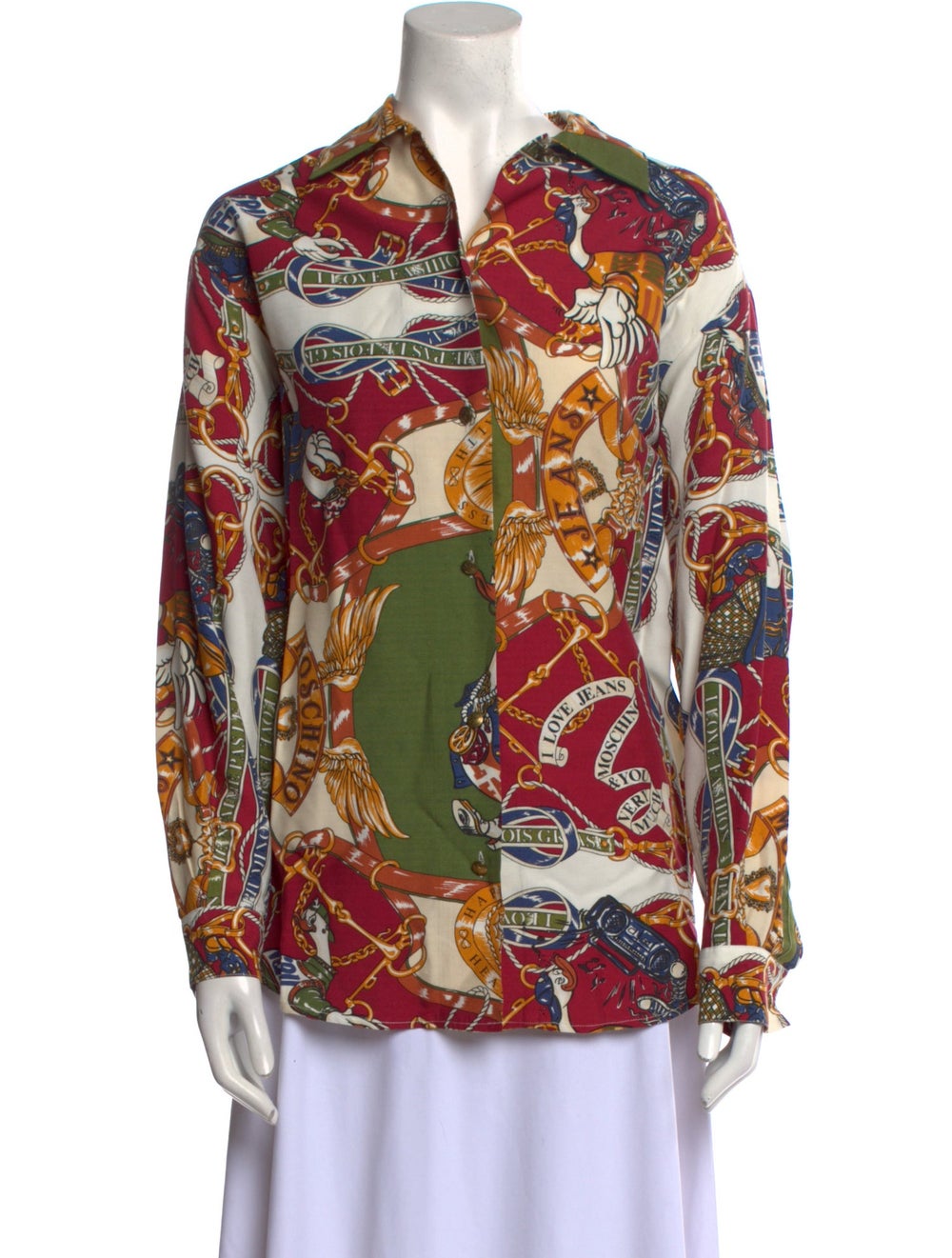 Moschino Jeans Button-Up Top Vintage From the 1990's Collection Burgundy Printed Long Sleeve with Collar
