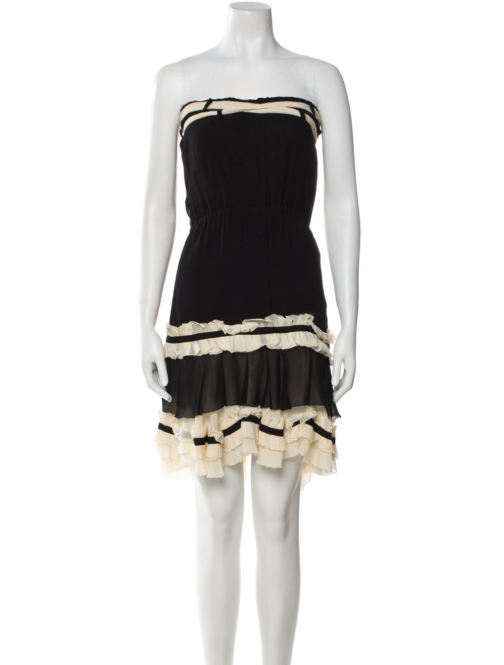 Moschino Silk A-Line Dress Vintage From the 2000's Collection Black & White Striped Ruffle Embellishment Strapless Sash-Tie Closure at Front Designer size 38.