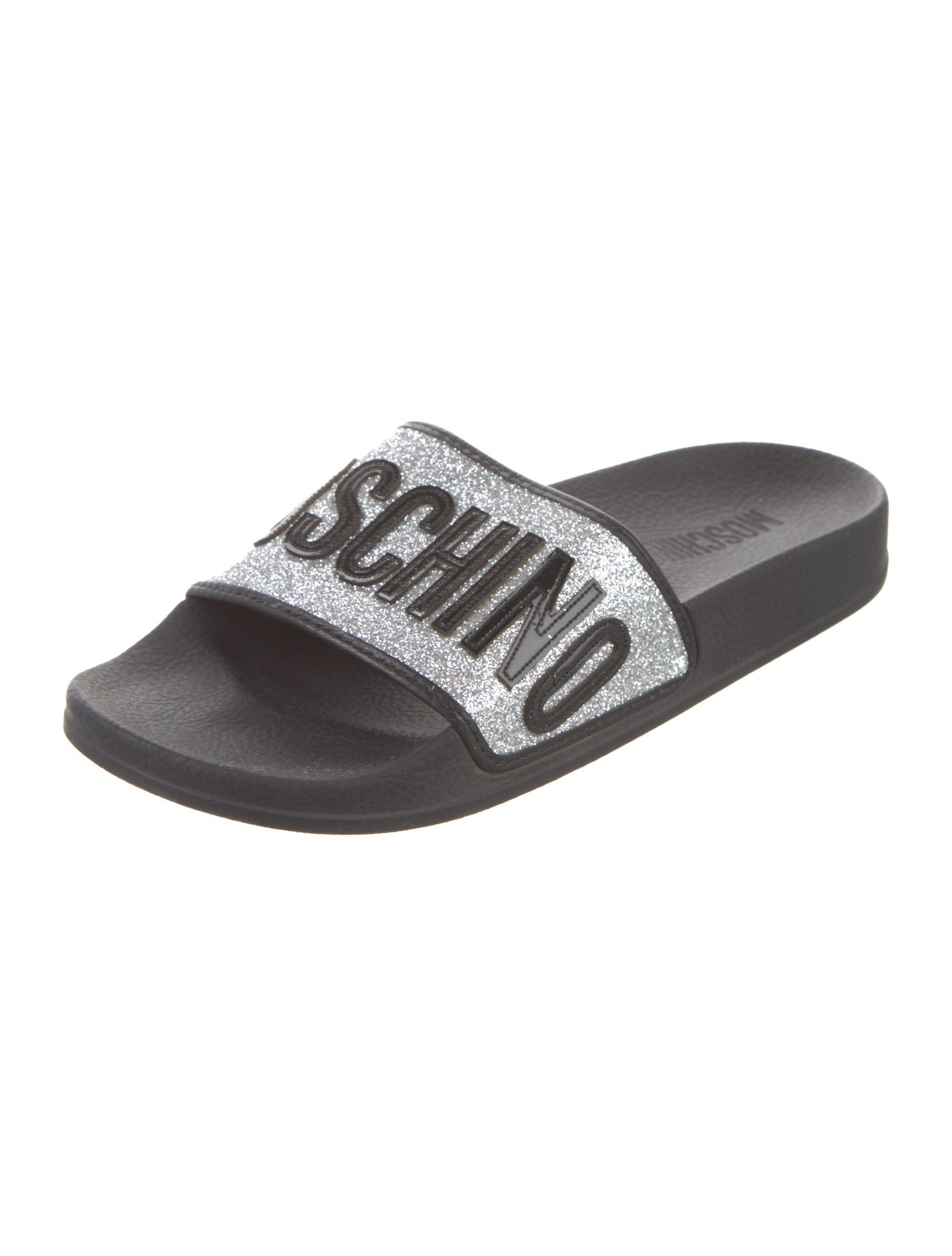 Moschino Leather Glitter Accents Slides