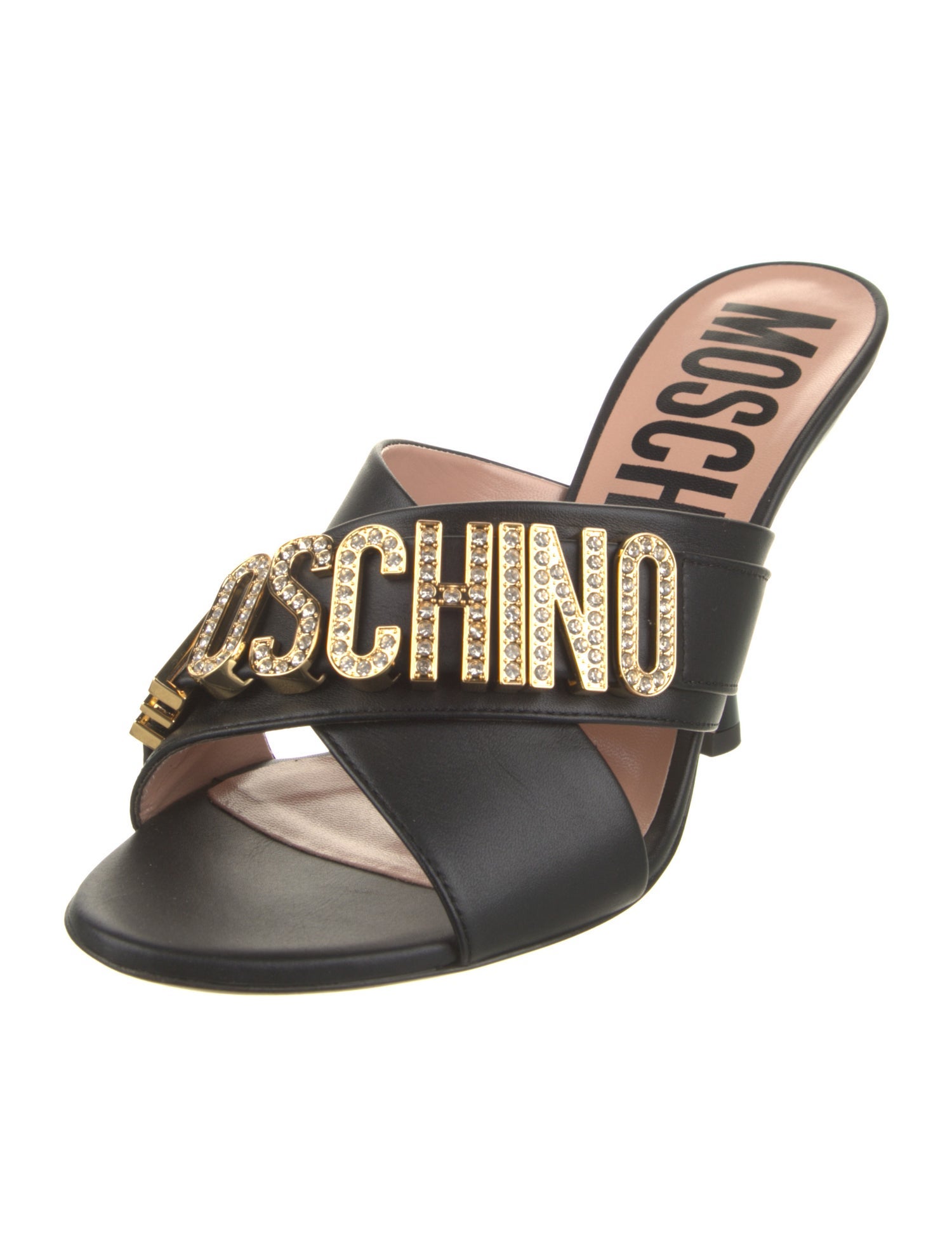 Moschino Leather Crystal Embellishments Slides