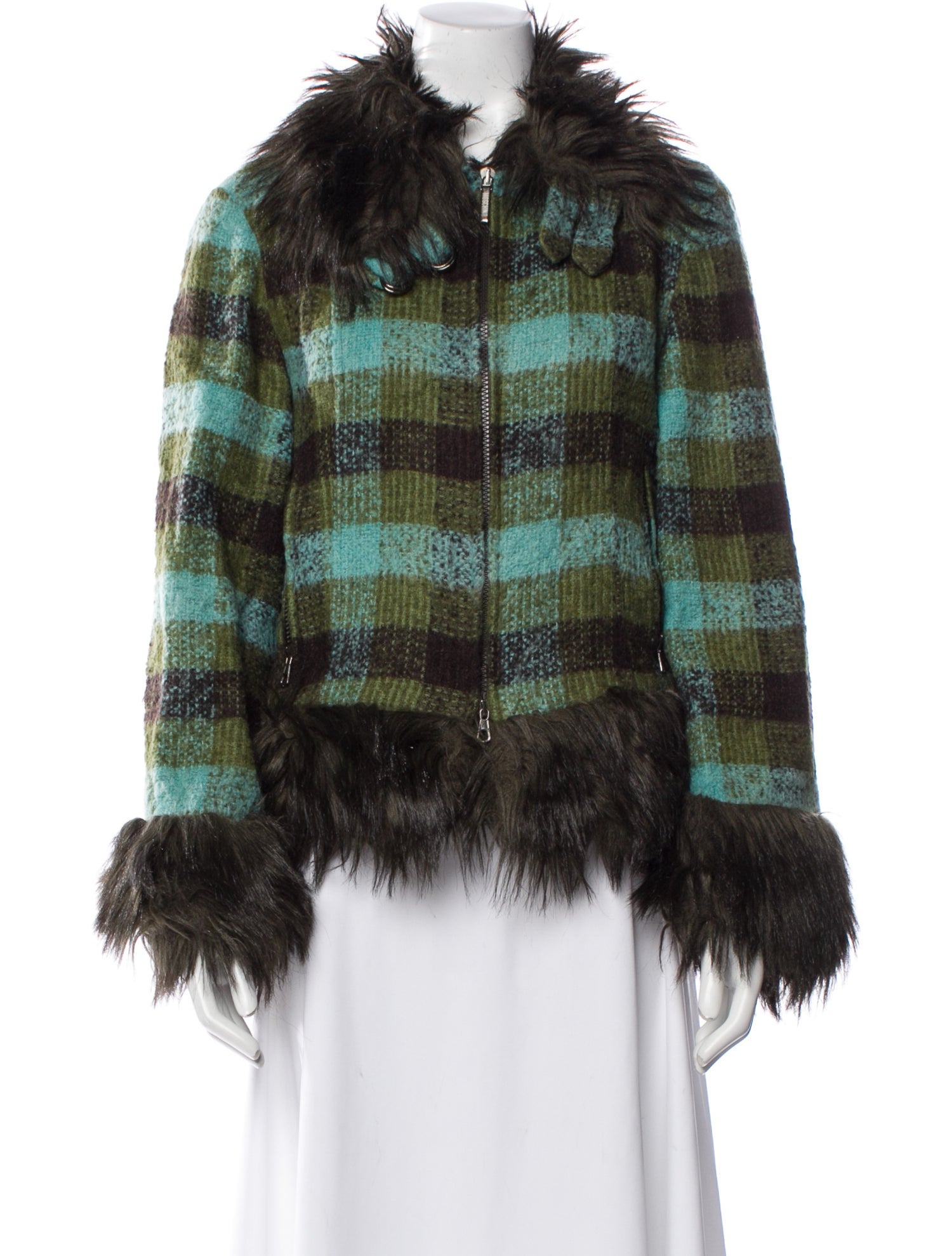 Moschino Plaid Print Faux Fur Jacket