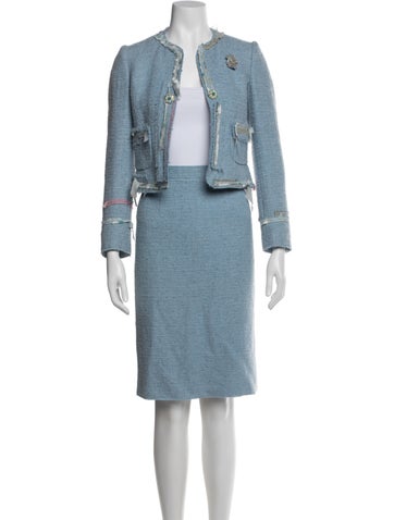 Pre-owned Moschino Tweed Pattern Chain-link Accents Skirt Suit In Blue