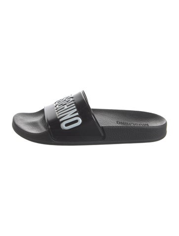 Pre-owned Moschino Rubber Graphic Print Slides In Black/white