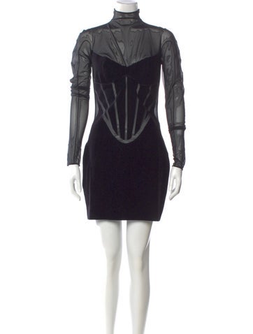 Pre-owned Mugler Mock Neck Mini Dress In Black