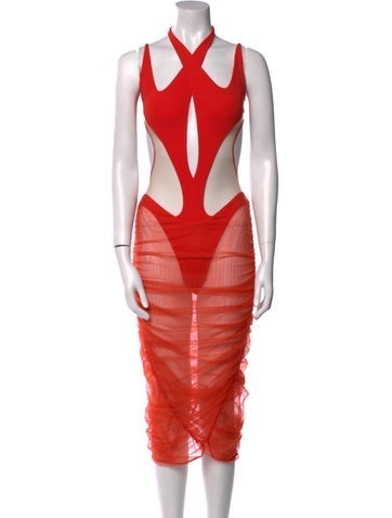 Pre-owned Mugler V-neck Midi Length Dress In Red
