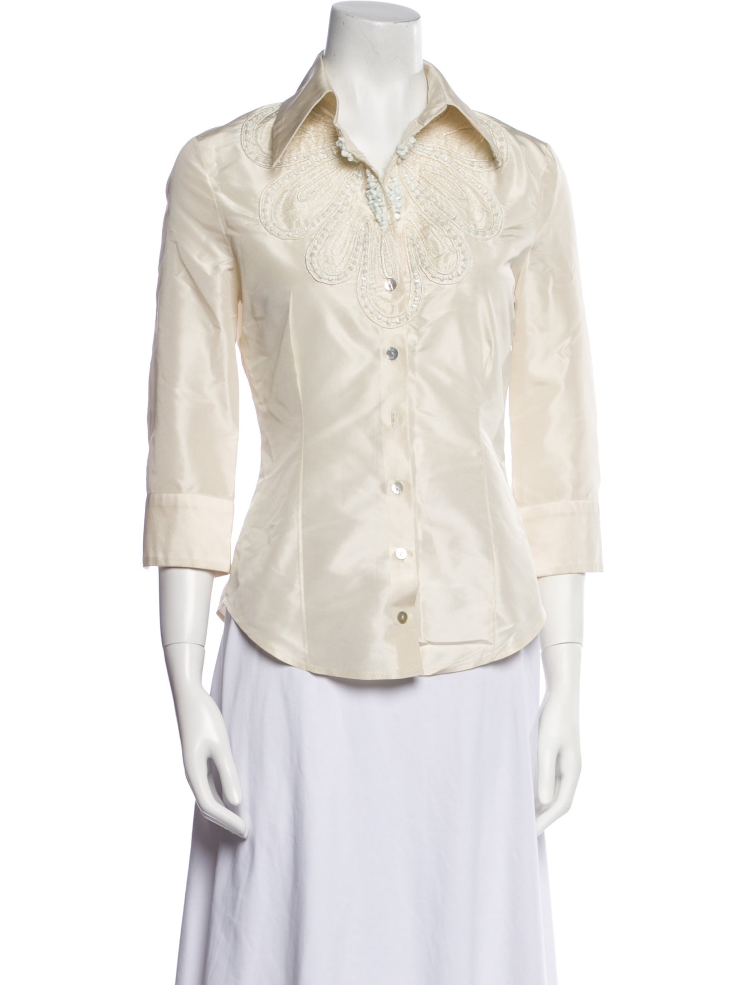 Naeem Khan Silk Three-Quarter Sleeve Button-Up Top