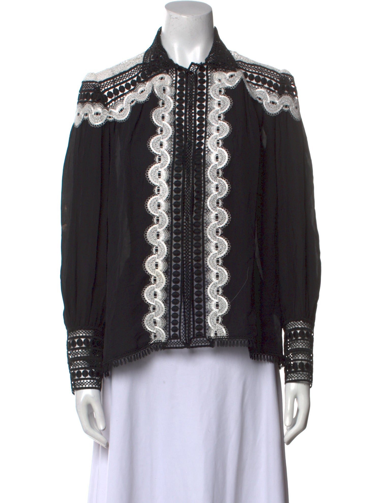 Naeem Khan Silk Lace Pattern Button-Up Top