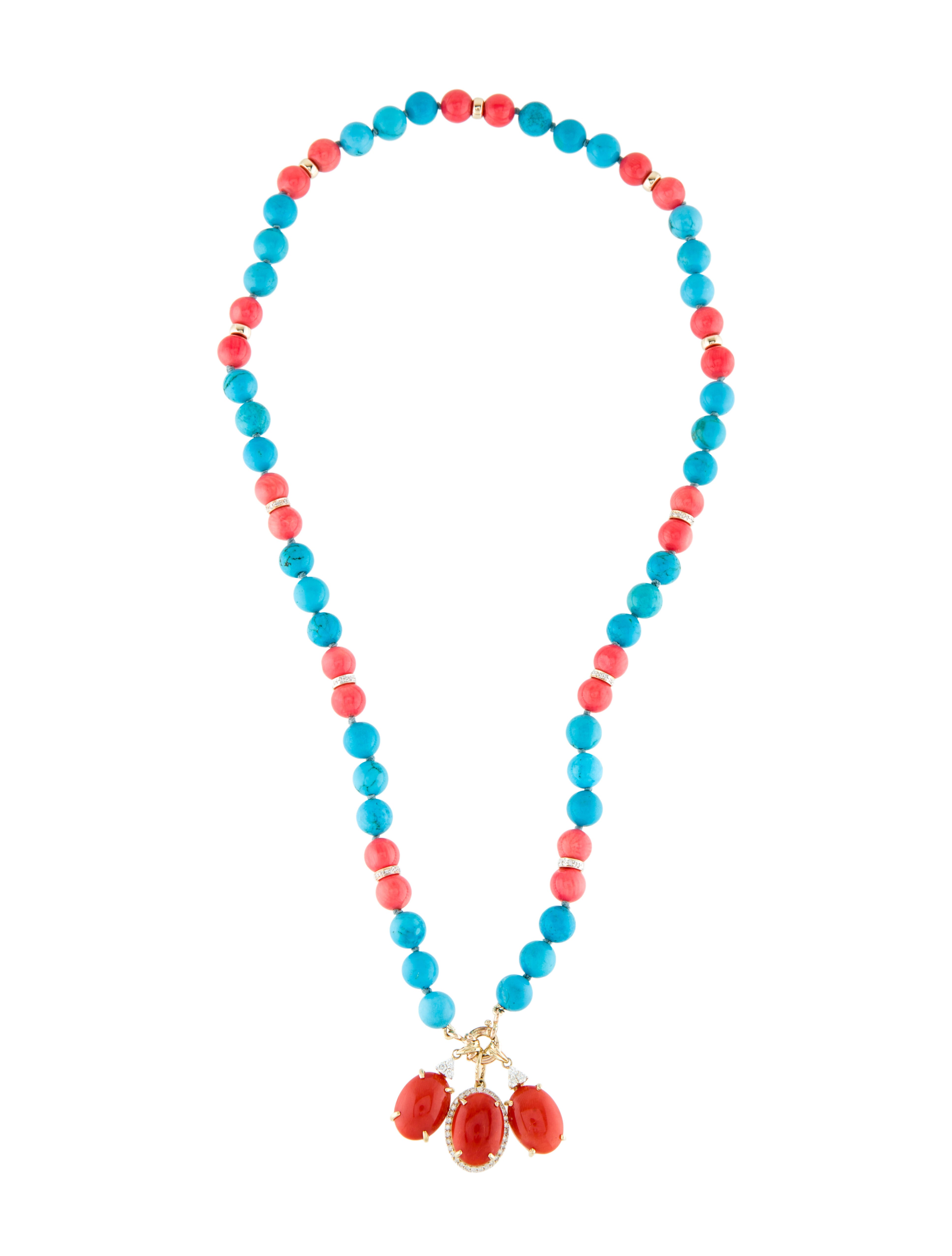 Necklace 14K Coral, Dyed Magnesite & Diamond Bead Strand