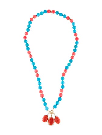 Necklace 14K Coral, Dyed Magnesite & Diamond Bead Strand