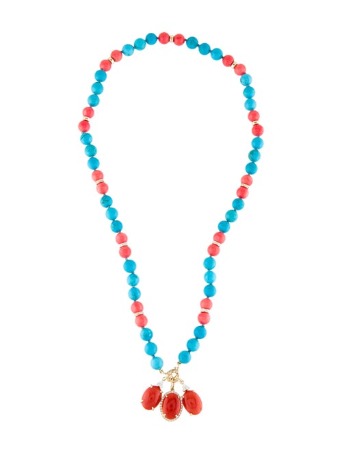 Necklace 14K Coral, Dyed Magnesite & Diamond Bead Strand