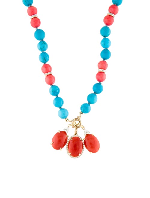 Necklace 14K Coral, Dyed Magnesite & Diamond Bead Strand