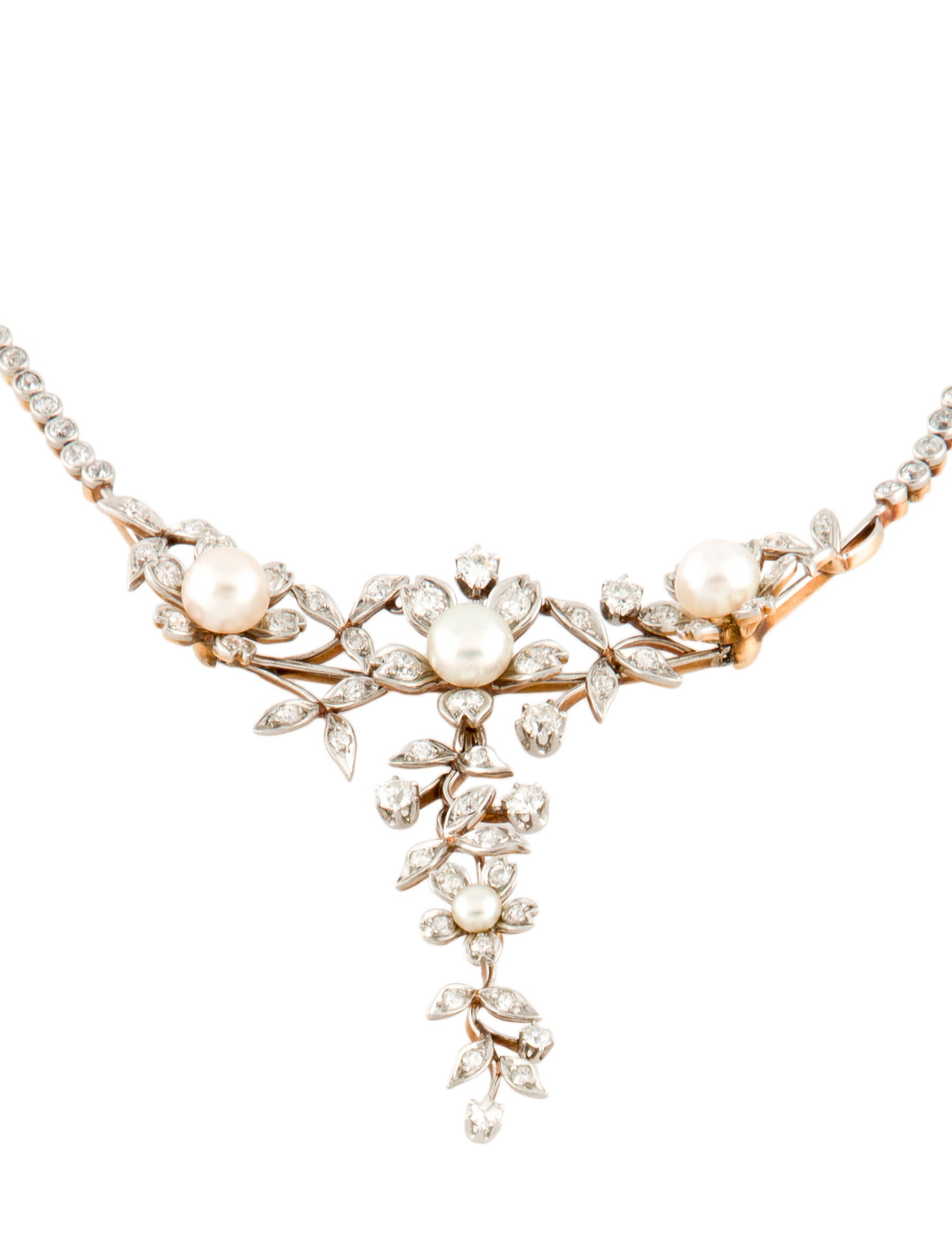 Necklace Antique Pearl & Diamond Drop Choker Necklace 18K Yellow Gold