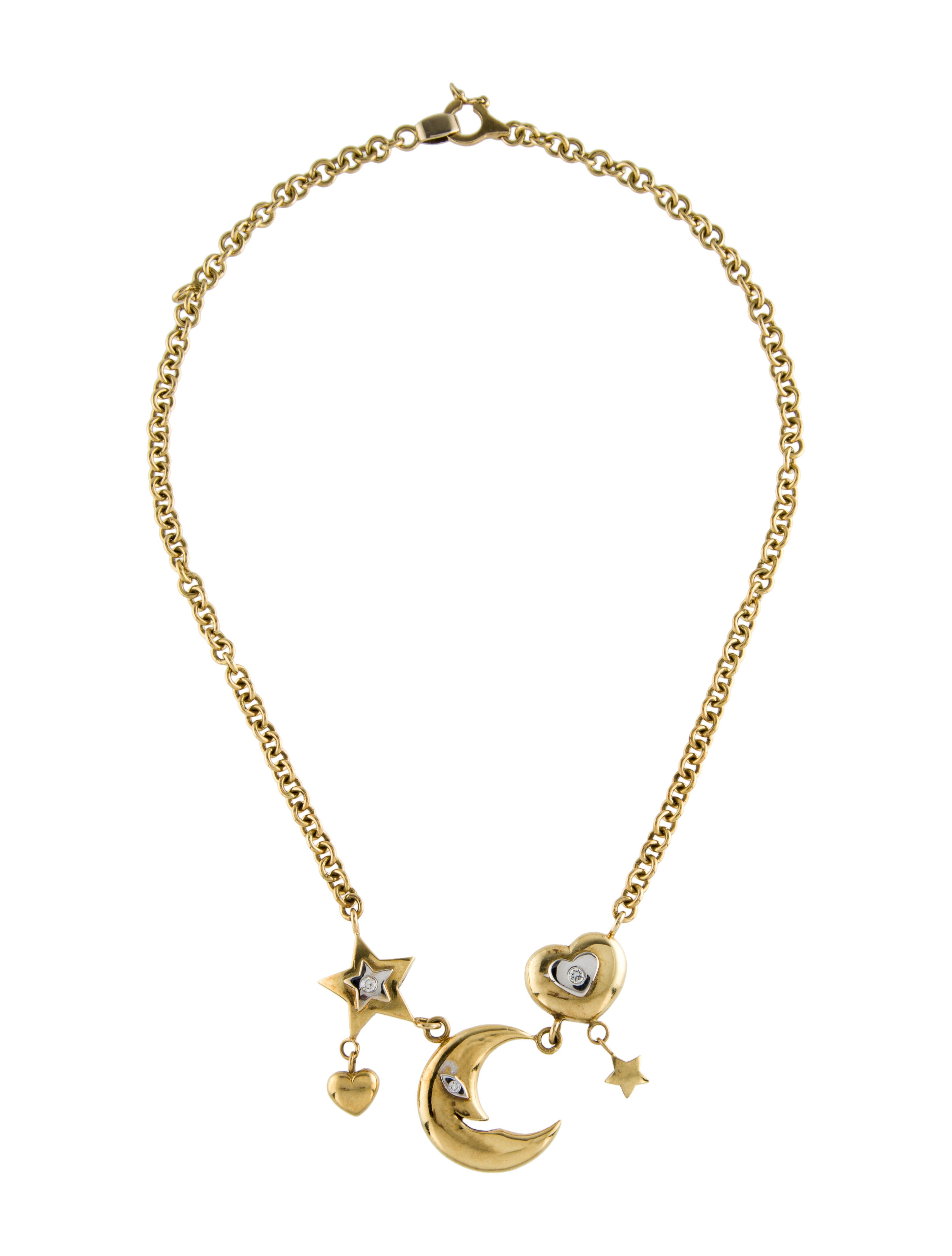 Necklace 18K Diamond Moon, Star & Heart Station Necklace 18K Yellow