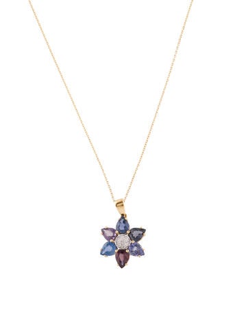 Necklace Pendant 14K Sapphire & Diamond Floral