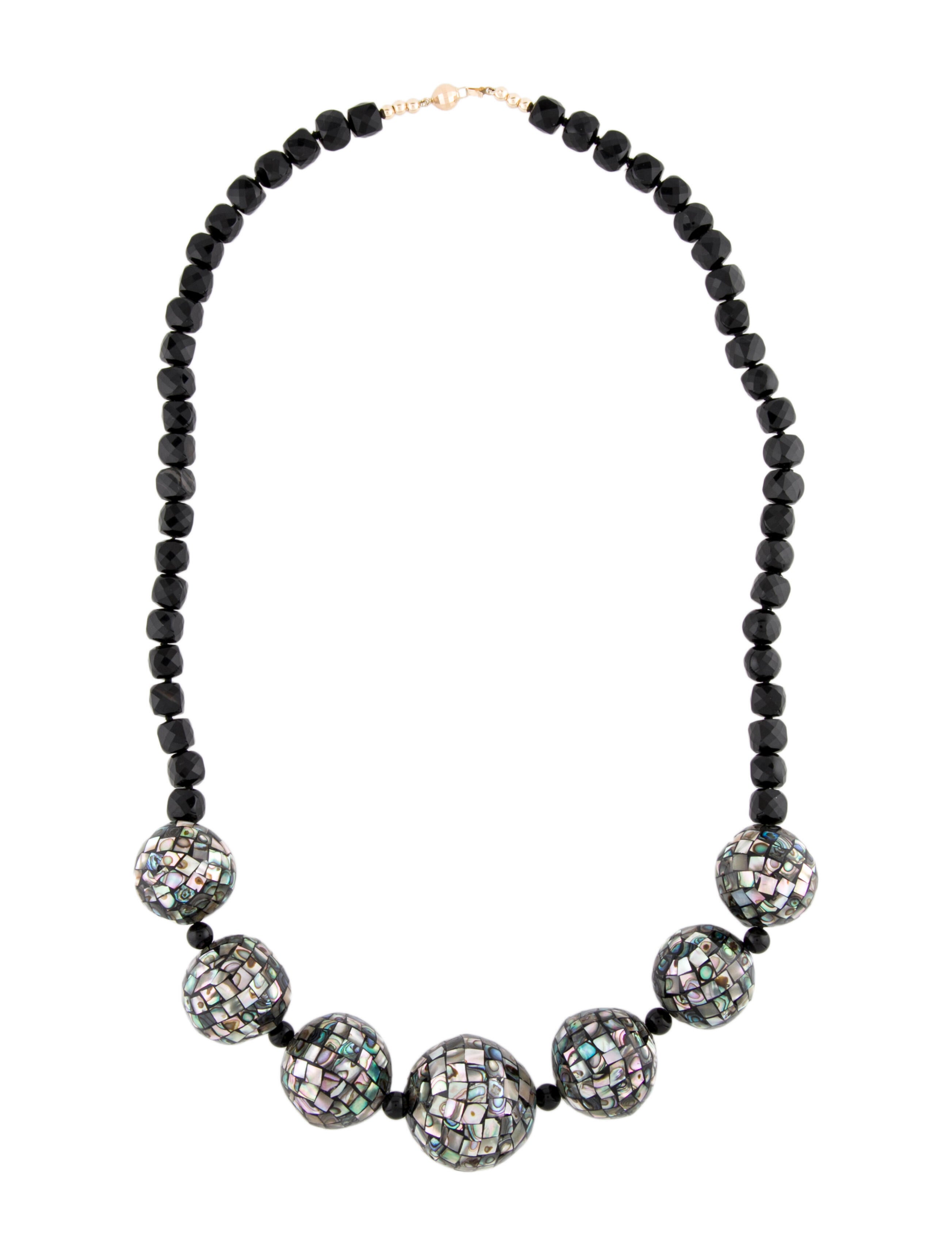 Necklace 14K Assembled, Mosaic Abalone & Onyx Bead Strand Station