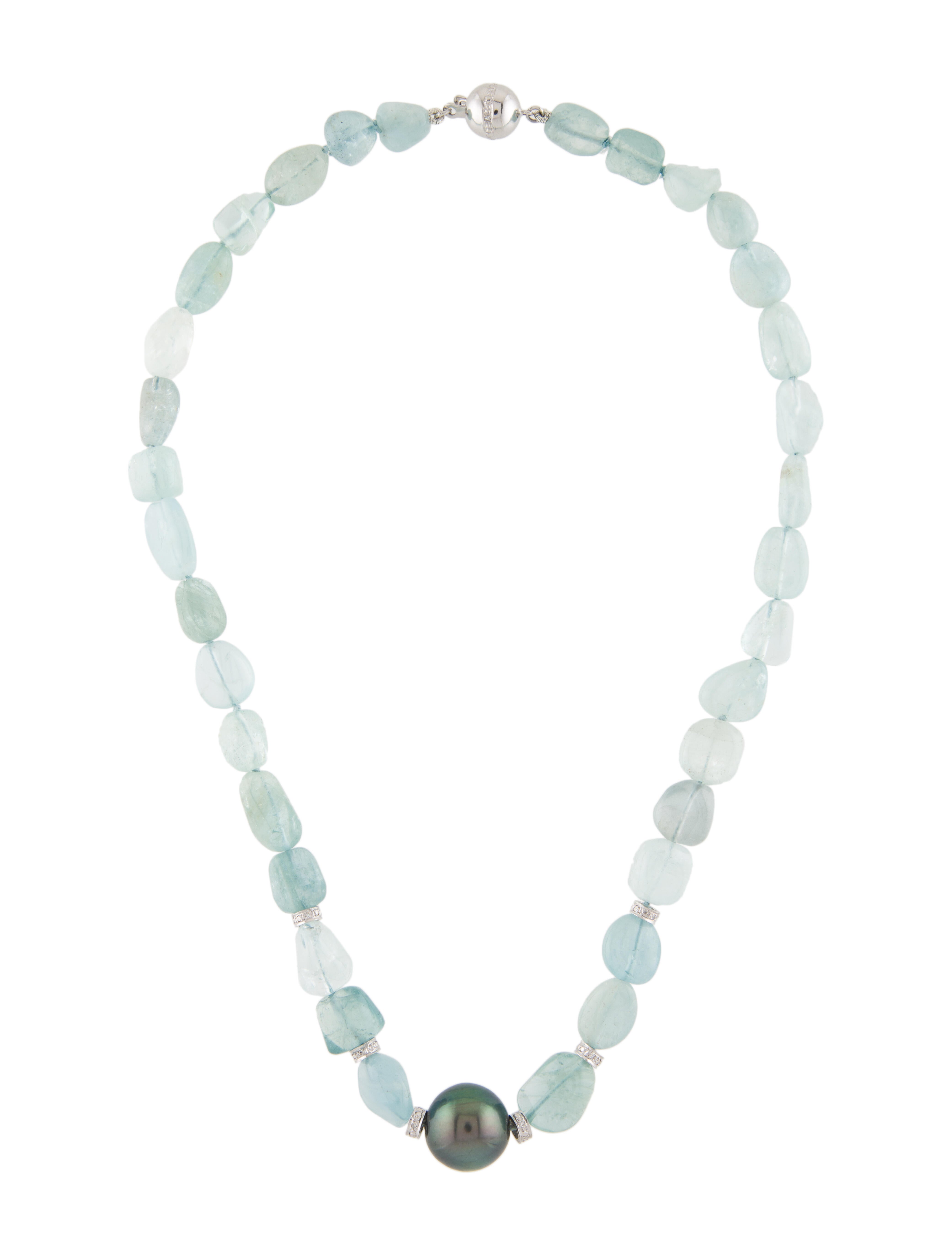 Necklace 14K Pearl, Aquamarine & Diamond Bead Strand Necklace 14K