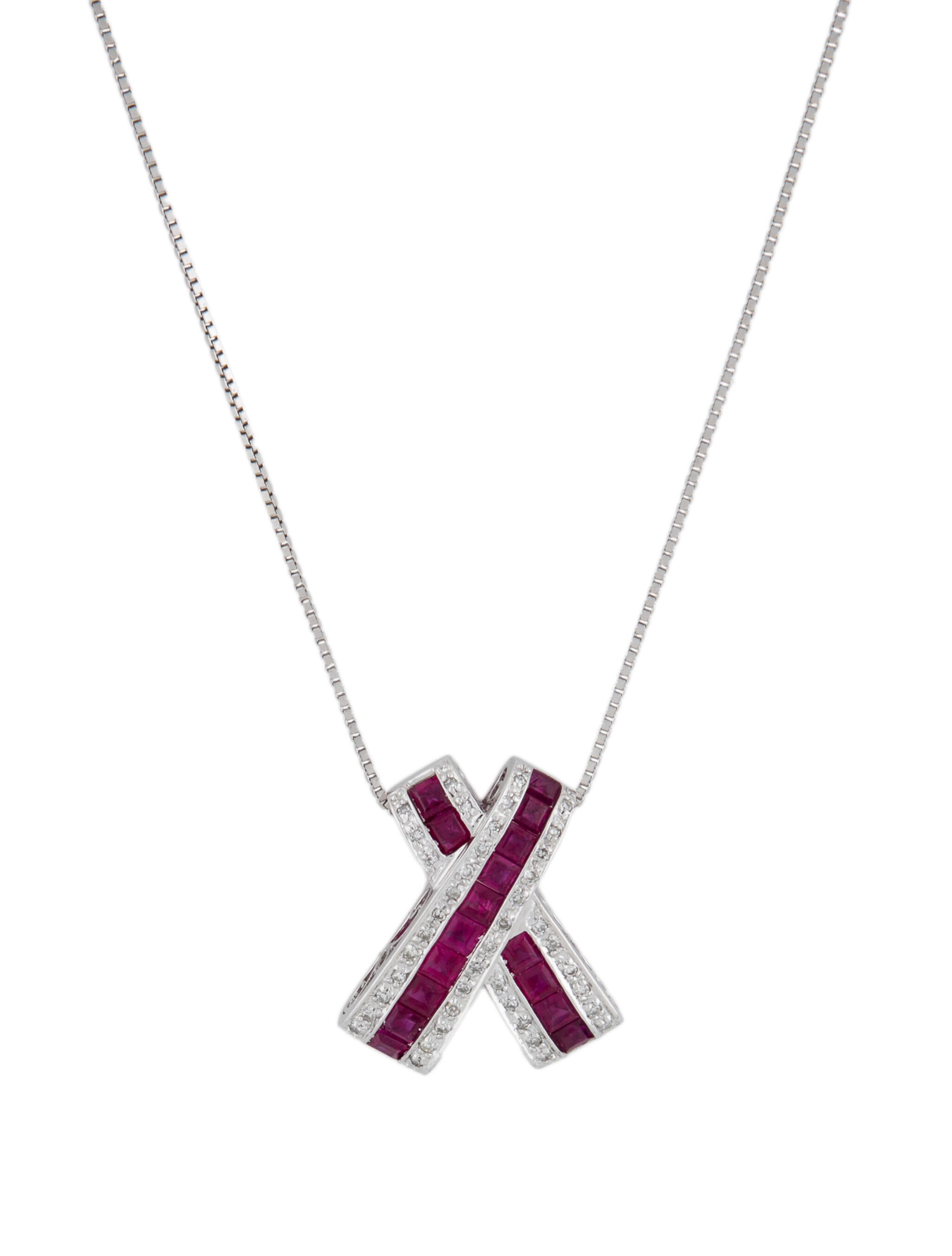Necklace 14K Ruby & Diamond X Pendant w/ 18K Chain RhodiumPlated 18K