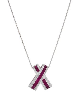 Necklace 14K Ruby & Diamond X Pendant w/ 18K Chain