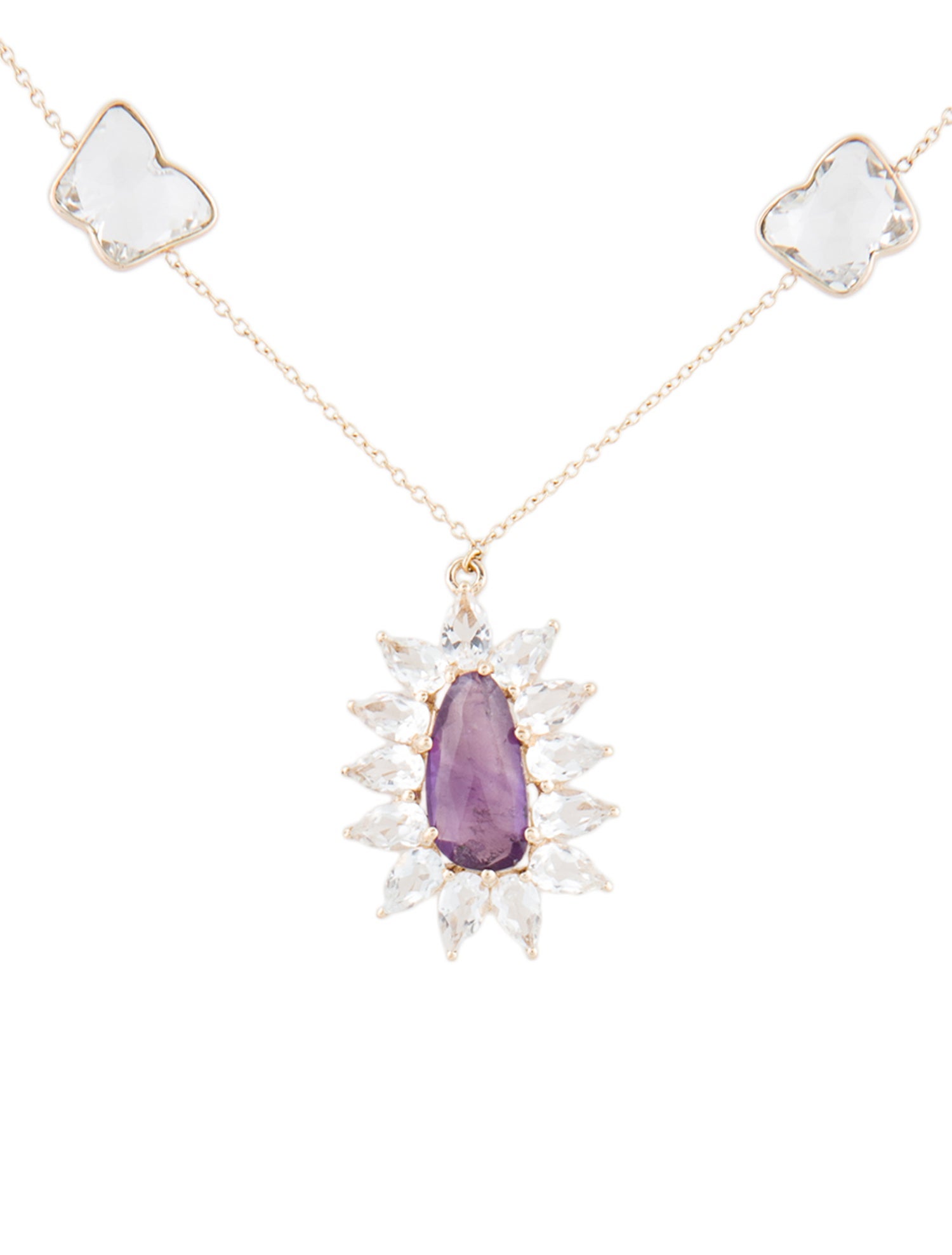 Necklace 14K Amethyst, Topaz & Quartz Butterfly Station Pendant