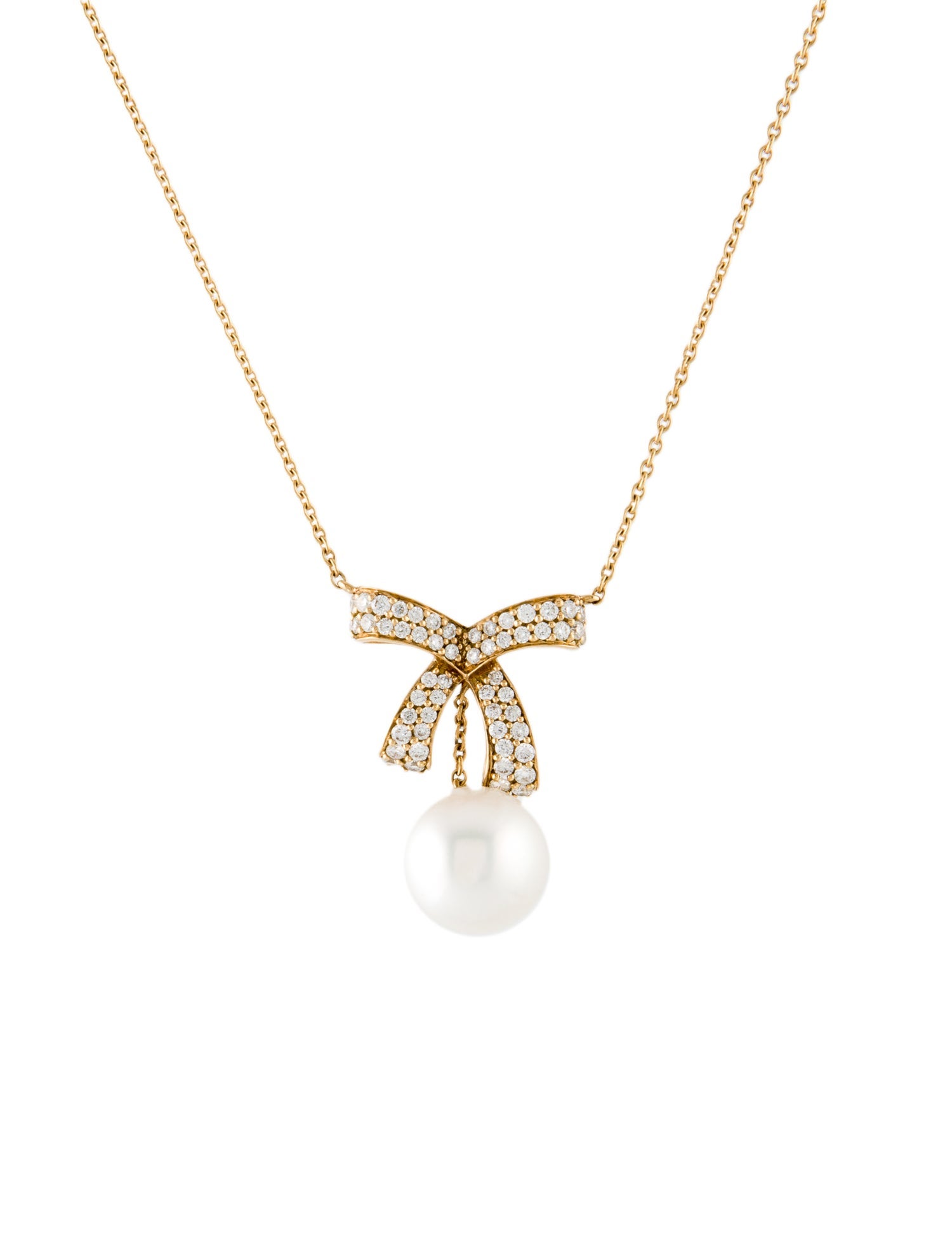 Necklace 18K Diamond & Pearl Ribbon Drop Pendant