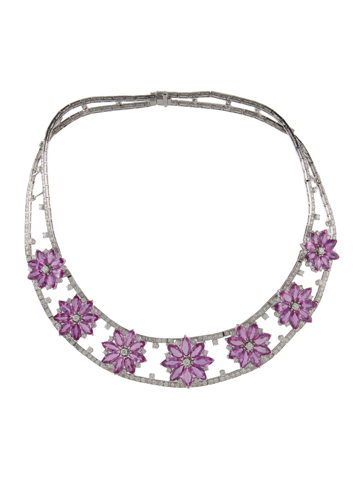 Necklace 18K 80.78ctw Sapphire & Diamond Floral Collar Necklace