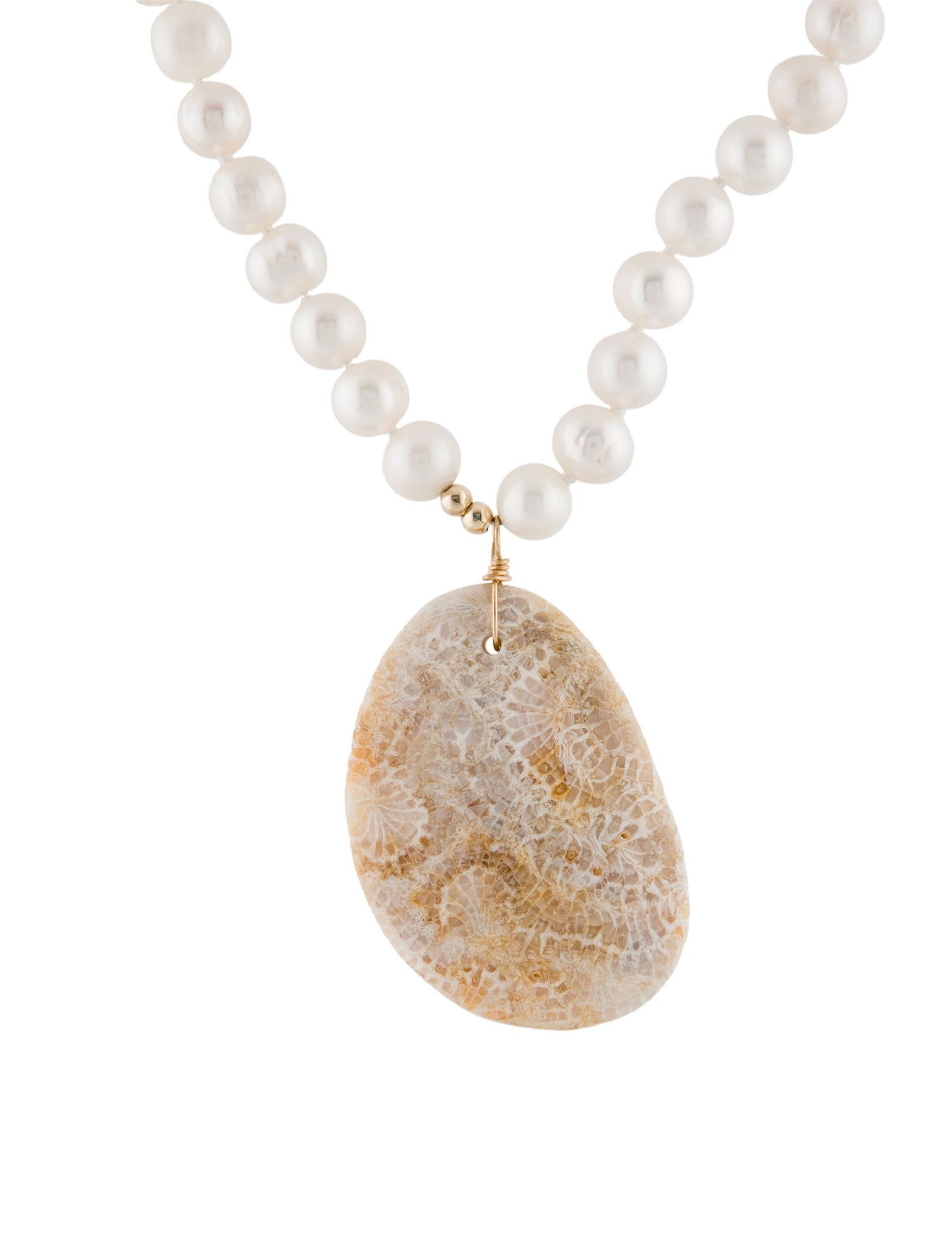 Necklace 14K Fossil Coral & Pearl Pendant Necklace