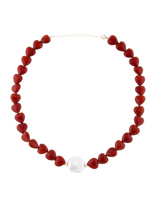 Necklace 14K Pearl & Carnelian Heart Bead Strand Necklace
