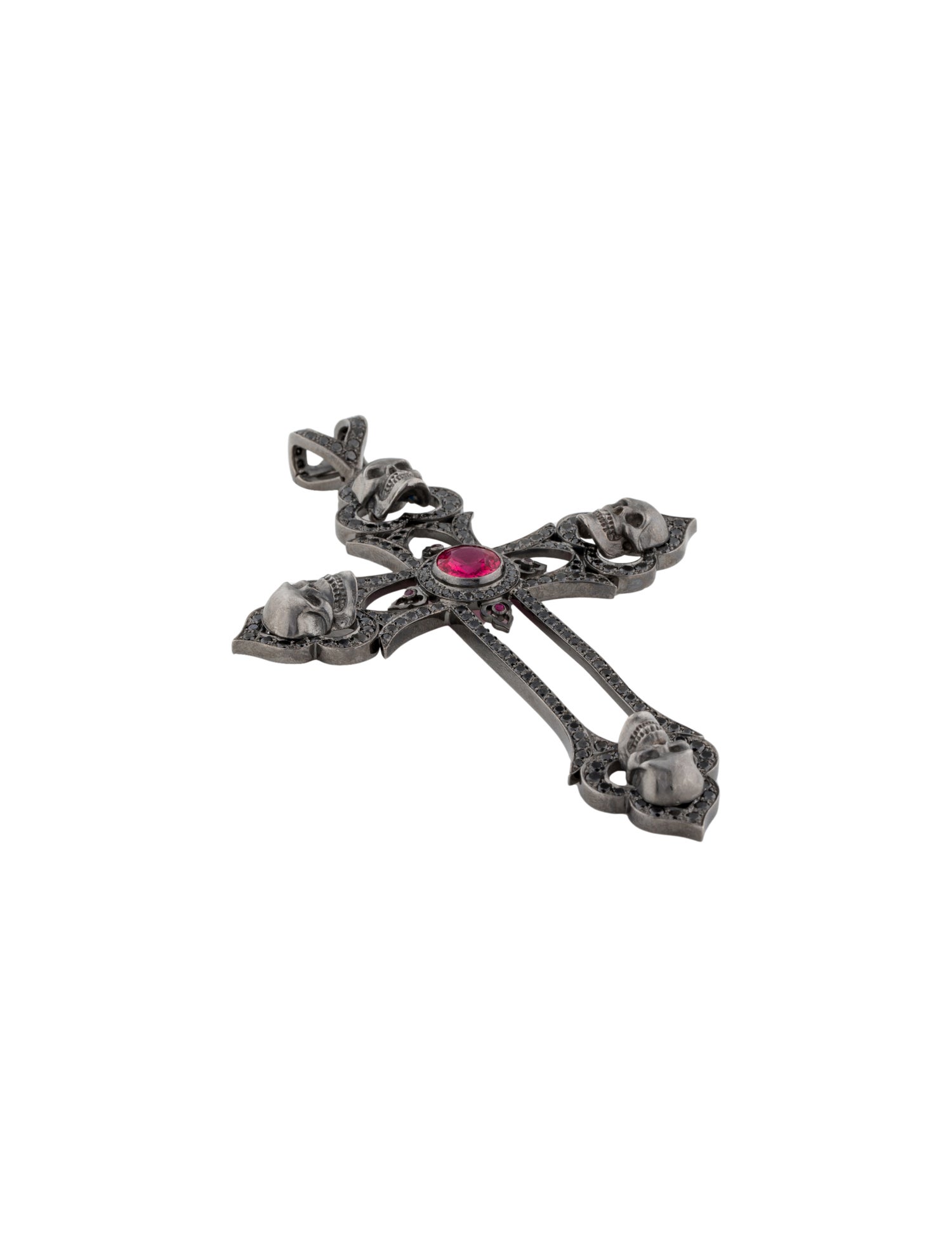 Necklace 18K Diamond, Spinel & Ruby Skull Cross Pendant