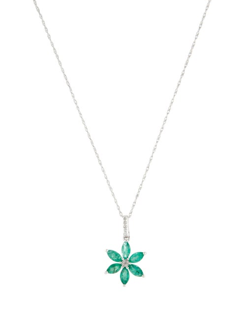 Necklace 14K Emerald & Diamond Floral Pendant Necklace