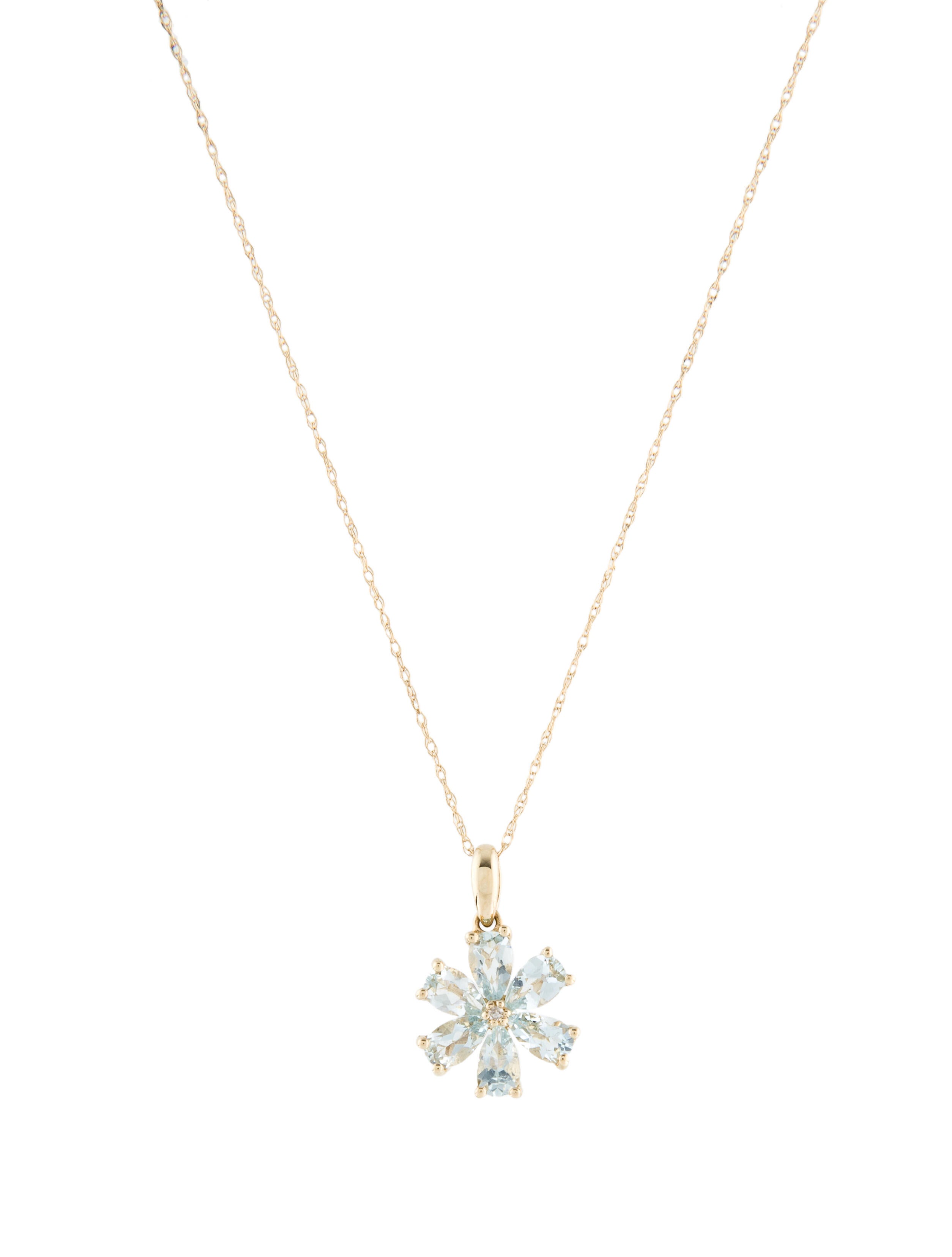 Necklace 14K Aquamarine & Diamond Floral Pendant Necklace