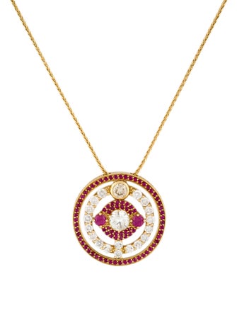 Necklace 18K 3.50ctw Diamond & Ruby Halo Cluster Pendant w/14K Spiga Link Chain