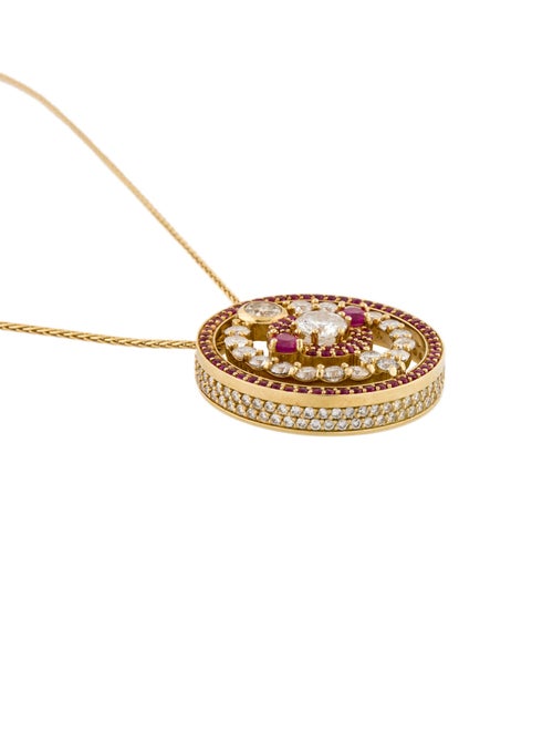 Necklace 18K 3.50ctw Diamond & Ruby Halo Cluster Pendant w/14K Spiga Link Chain