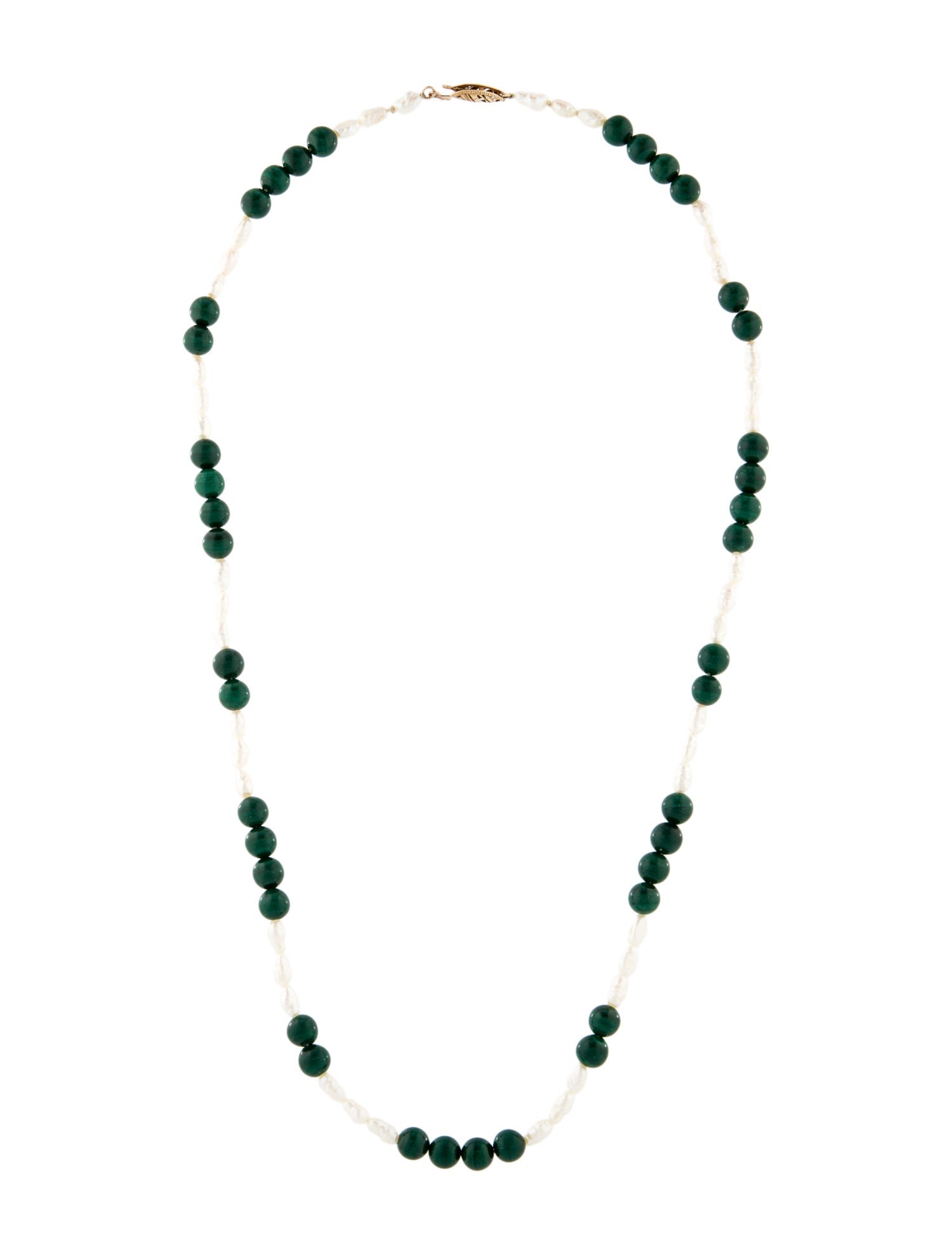 Necklace 14K Pearl & Malachite Bead Strand Necklace