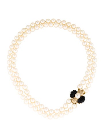 14K Diamond & Onyx Clasp on Double Pearl Strand