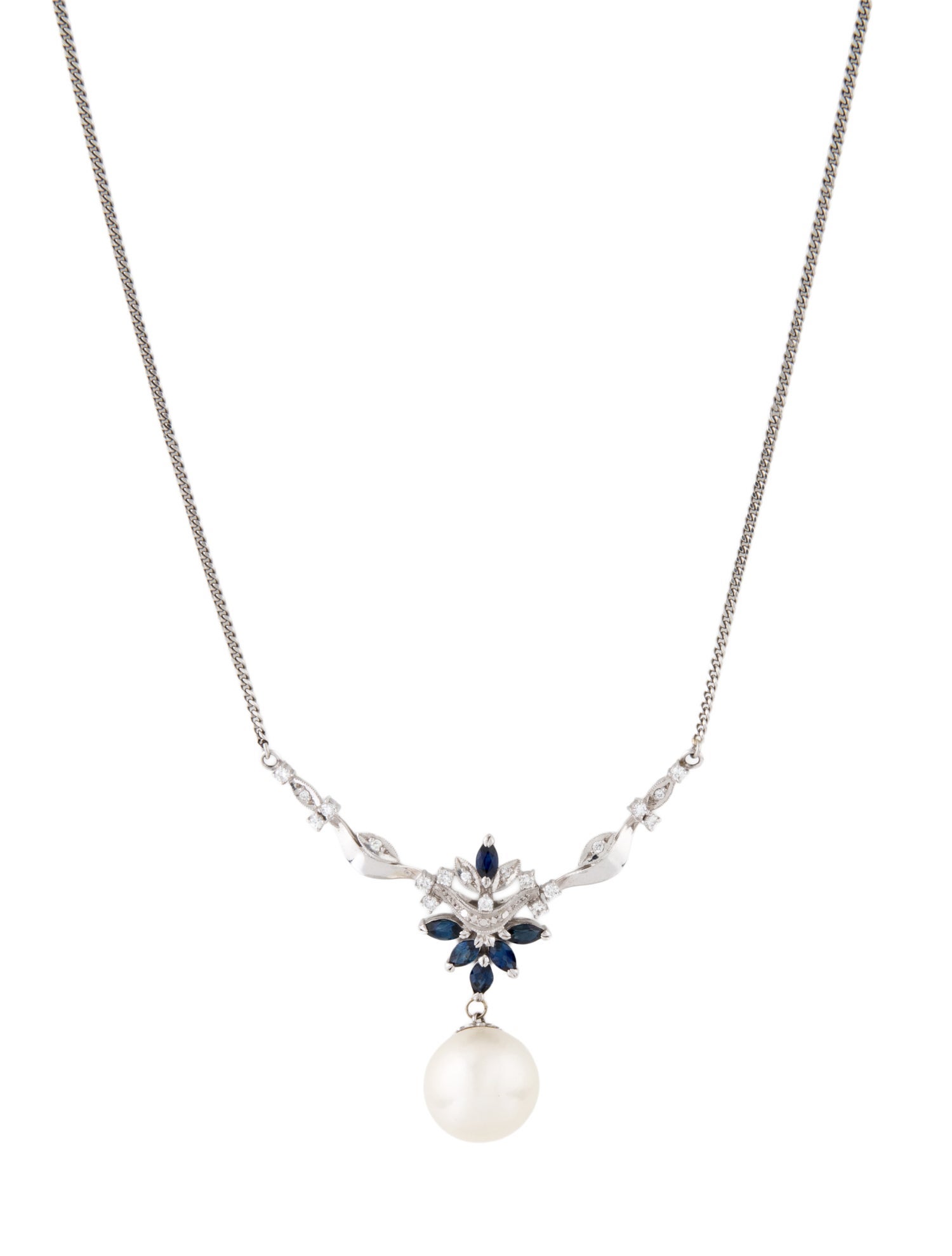 Necklace Platinum Pearl, Sapphire & Diamond Pendant