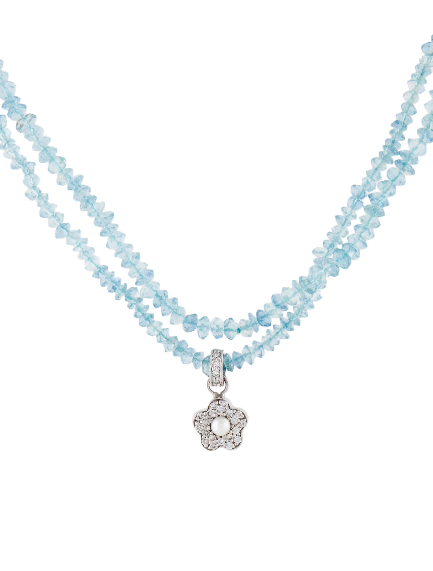 Necklace 14K Pearl, Aquamarine & Diamond Double Strand Pendant