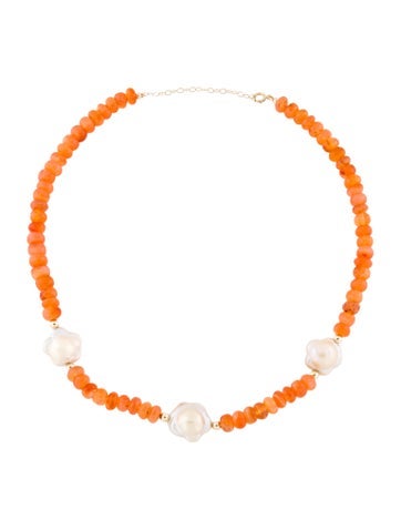 Necklace Bead Strand 14K Pearl & Carnelian Station 15.5mm - 16.5mm