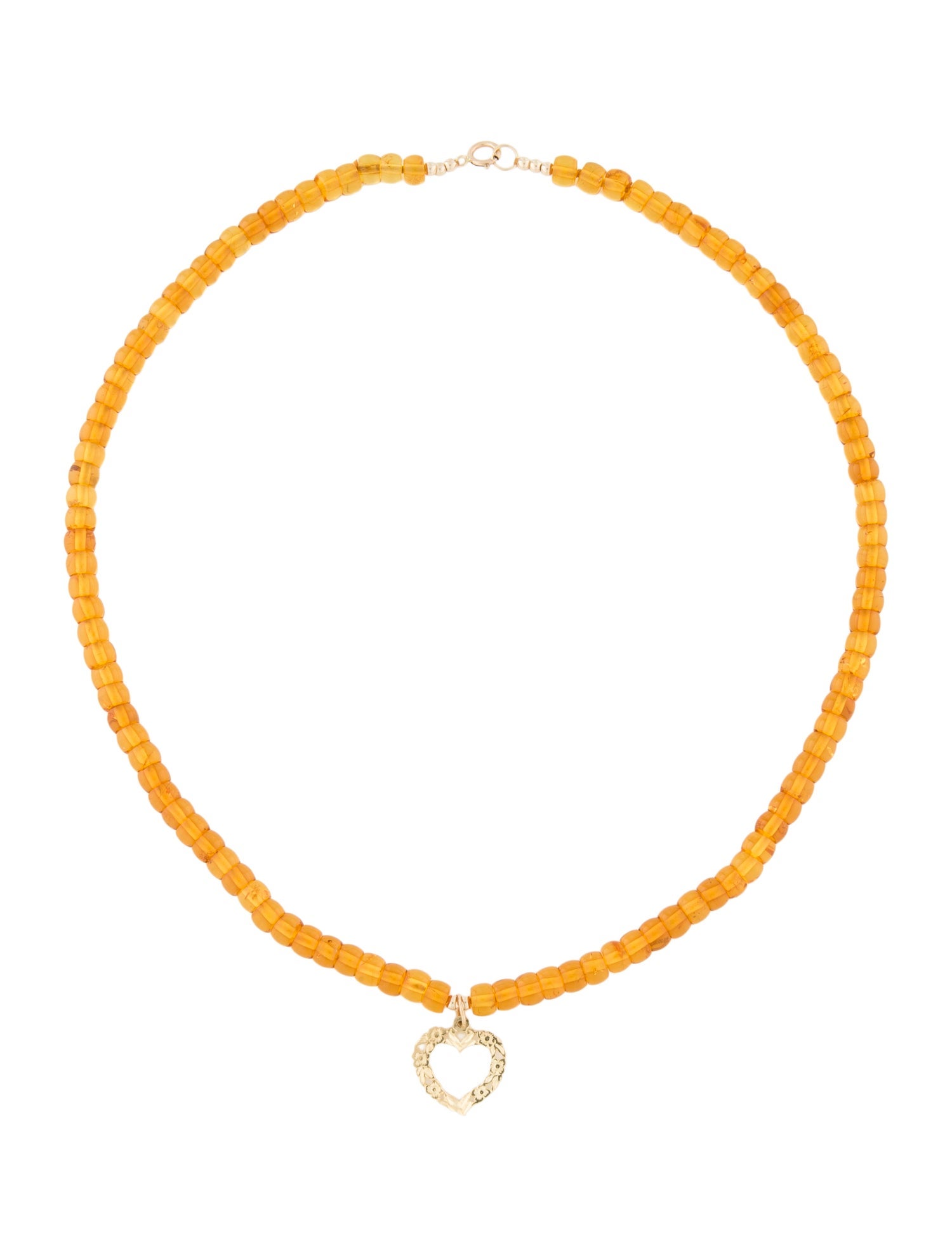 Necklace 14K Amber & Heart Pendant Bead Necklace