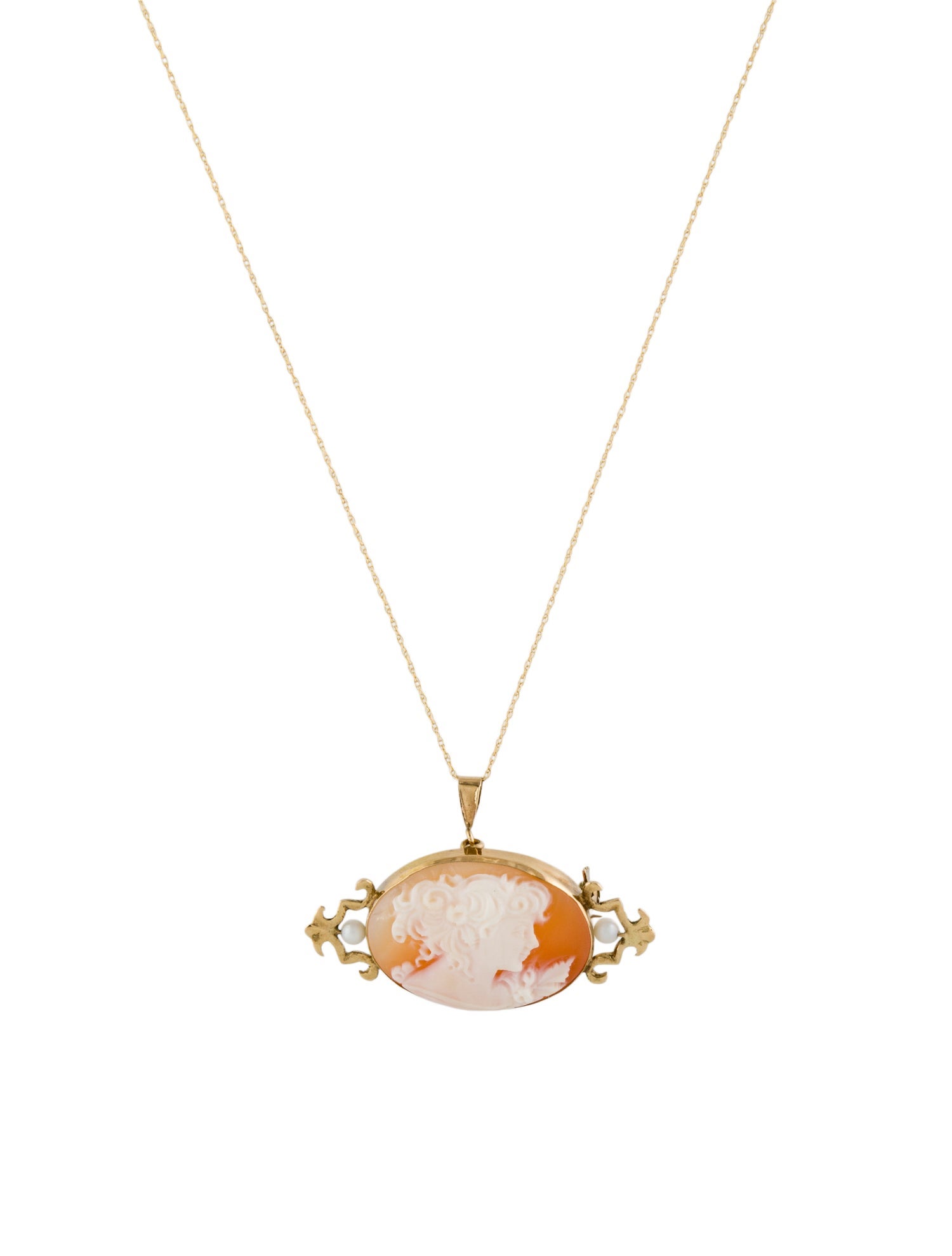 Necklace 14K Pearl Cameo Brooch Pendant Necklace
