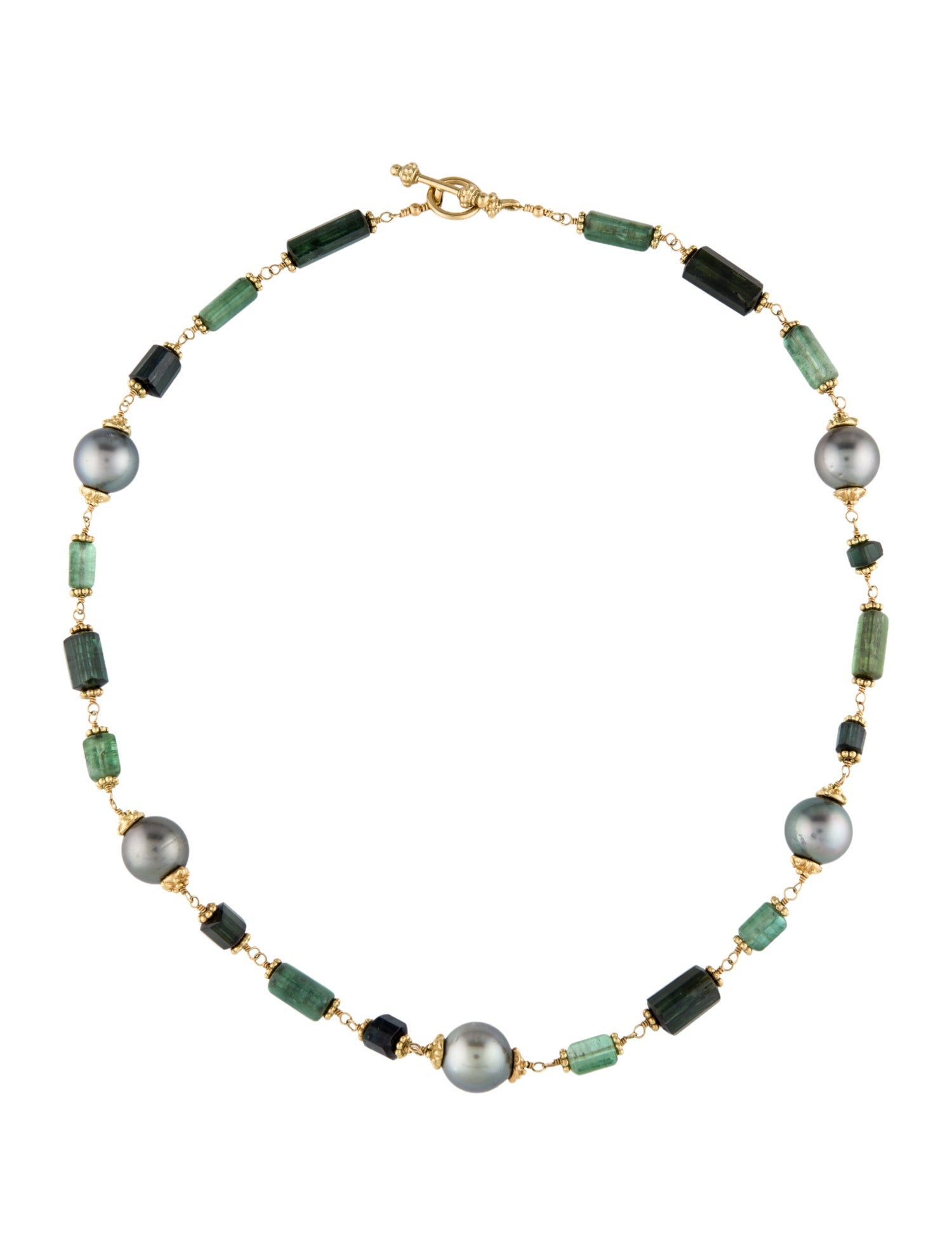 Necklace 18K Pearl & Tourmaline Station Bead Strand Necklace